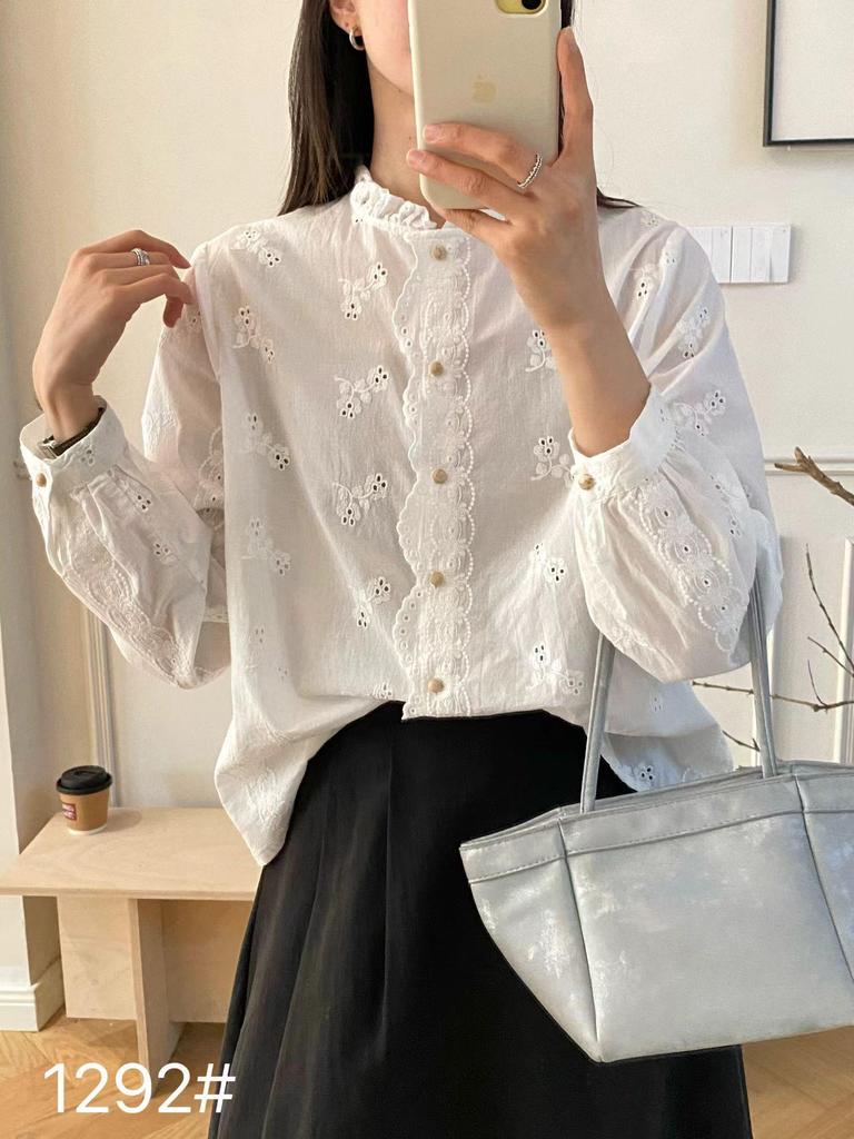 French Embroidered Stand-Up Collar Women's Shirt - Spring Style, Loose Fit, Hollow-Out Design, Long Sleeve Top