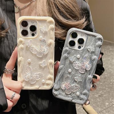 INS 3D Crystal Butterfly Pearl Cream Wavy Edge Phone Case For iPhone 15 11 12 13 14 Pro Max Cute Candy Love Heart Silicone Cover