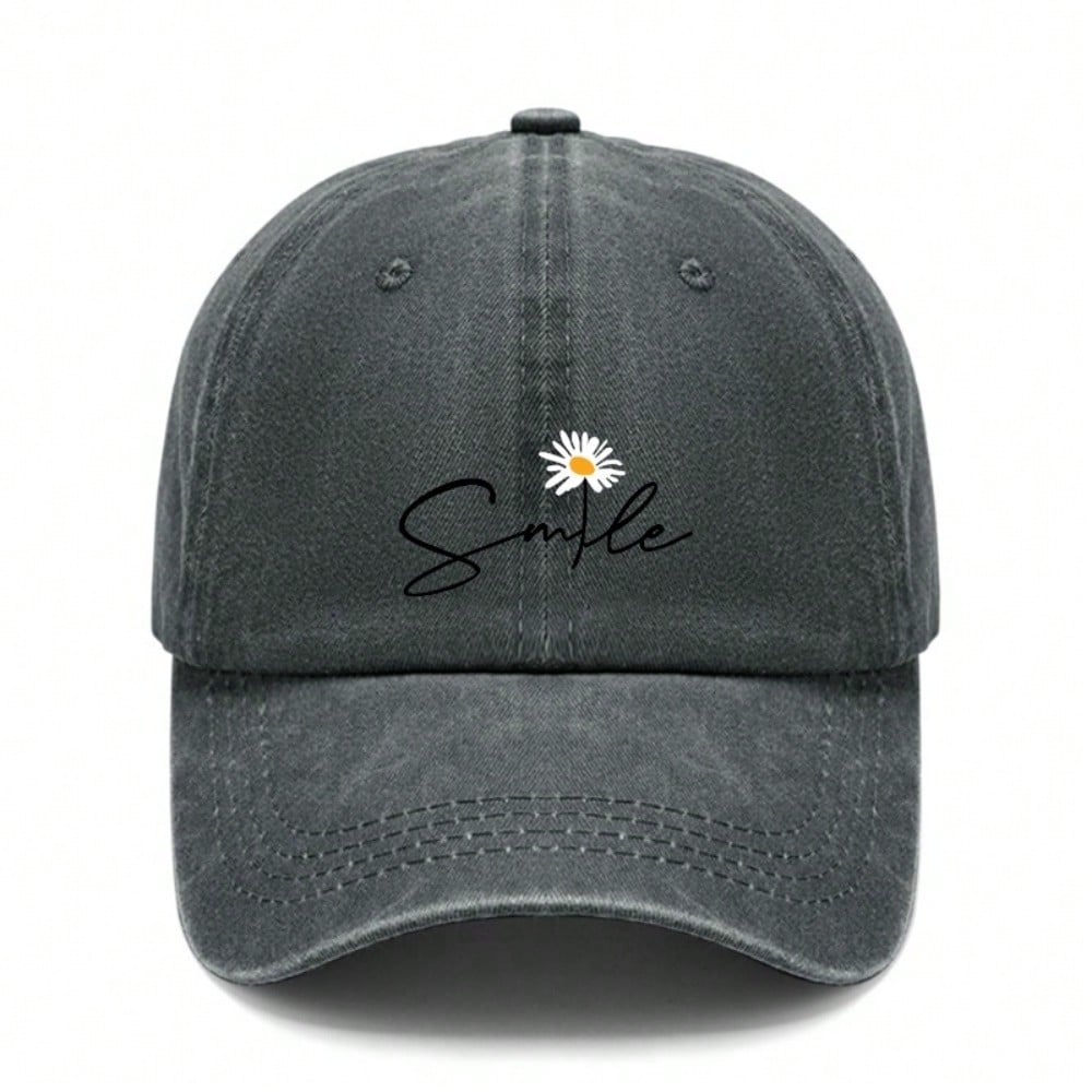 [Vintage Baseball Cap] Smile Daisy Flower Print Dark Grey Adjustable Unisex Casual Outdoor Sports Baseball Hat - Dad Hat, Sun Cap чёрный