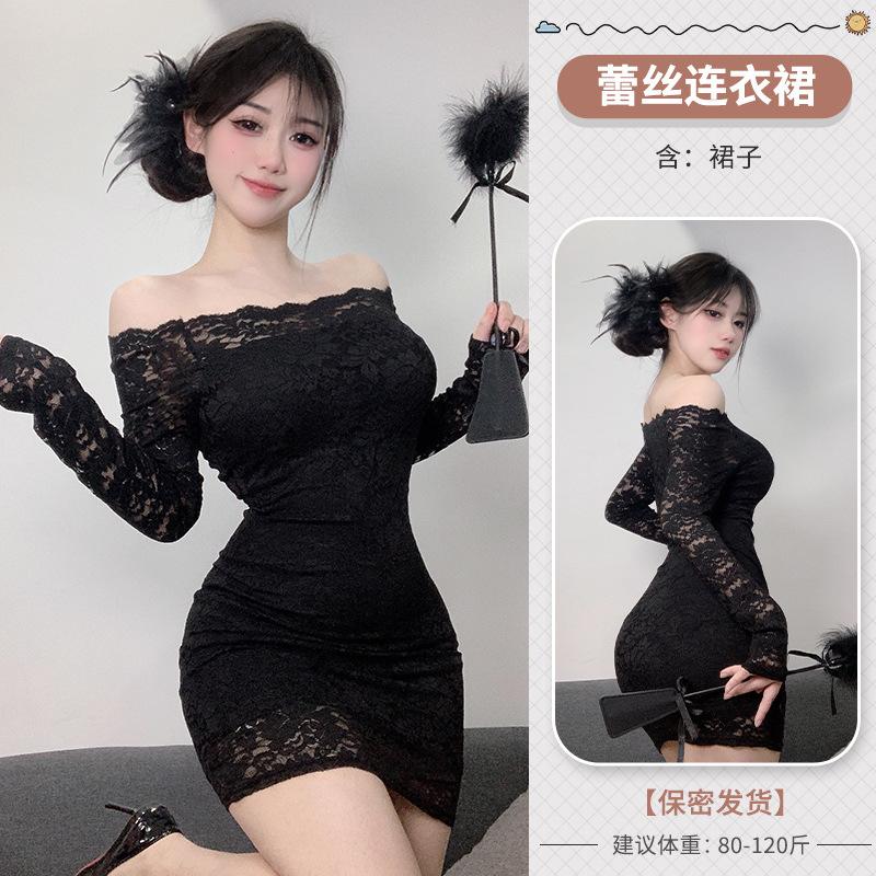 Domila's New Erotic Pure Lust Style Lace Temperament One-word Shoulder Dress Women's Sexy Tight Hip Skirt