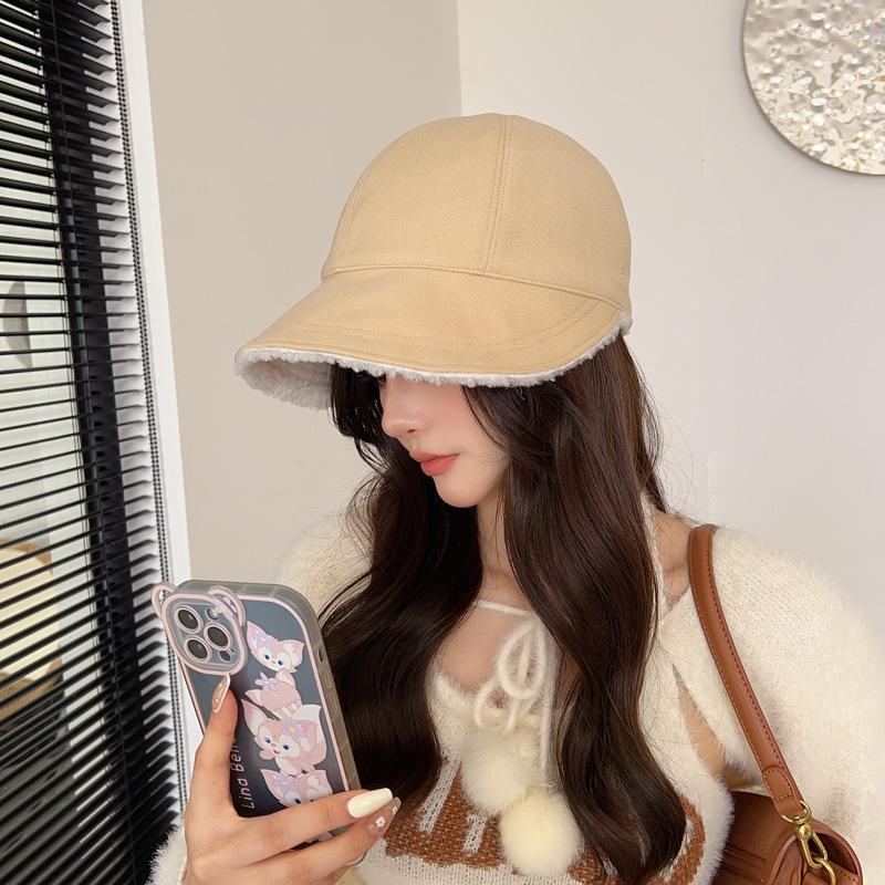 Hat Winter Women'S Warm Fleece Bucket Hat Double-Sided Can Wear Equestrian Hat Casual Versatile Cap
