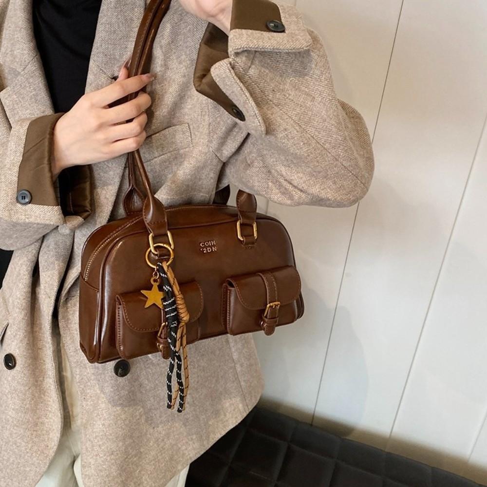 Solid Color Bowling Bag PU Leather Hobo Bag Portable Leather Shoulder Bag  Children