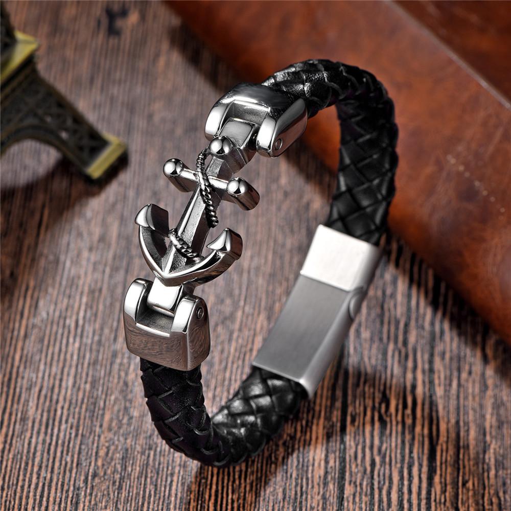 Punk Herren Armbänder Edelstahl Anker Armbänder Armreifen Geflochtene Lederseil Armbänder Für Damen Herren Geschenke