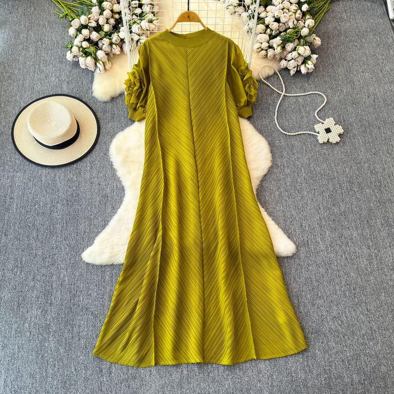 Sanzhai Ruched Fancy Dress Women's Plate Flower Loose Slim Looking French Plus Size Dress Elegance Elegant Long Dress