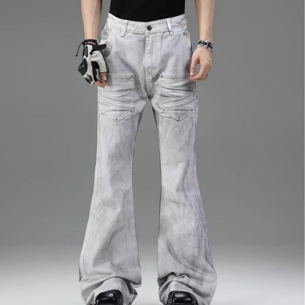 Spring and Autumn new American high street retro washed old tie-dye design jeans men's loose micro-flared pants
