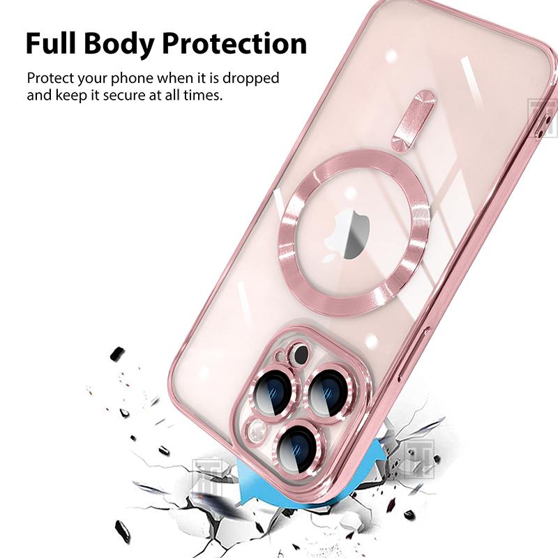 Plating Soft Lens Film Protect Transparent Case For iPhone 16E 16 15 14 13 12 11 Pro Max Plus Magsafe Magnetic Charging Cover