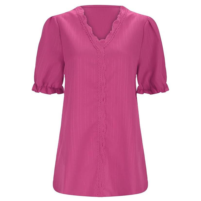 Women Plus Size Tops Hollow Short Sleeve Blouses V-Neck Shirt Casual Solid Color Pullover Blouse