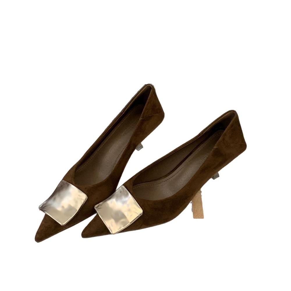 2025 Spring/Autumn Women's Plus Size Slip-On Soft Sole Mary Jane Shoes with Pointed Toe and Metal Buckle