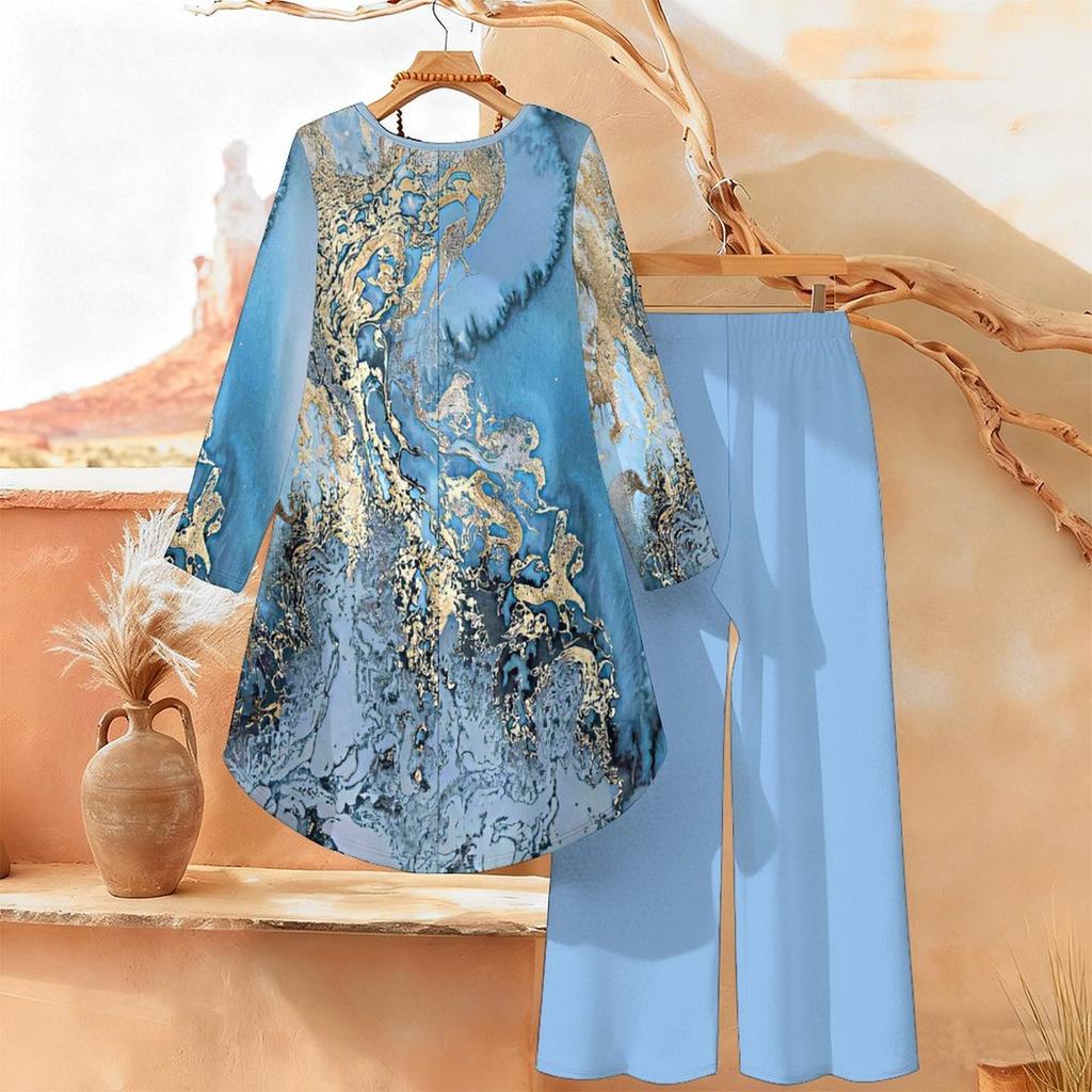 Marble Print Two Piece Outfit Women Long Sleeve Irregular Hem Tunic Top Wide Leg Pants Casual Matching Set