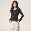 Huge and Beautiful Round Neck Right Shoulder Floral Long-sleeved Autumn and Winter New Bottoming Shirt