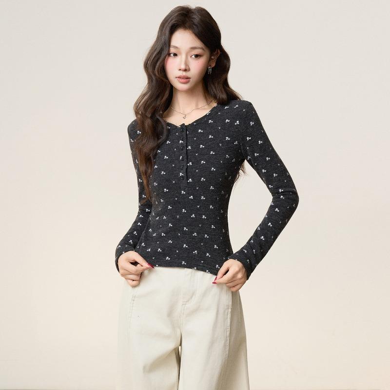 Huge and Beautiful Round Neck Right Shoulder Floral Long-sleeved Autumn and Winter New Bottoming Shirt