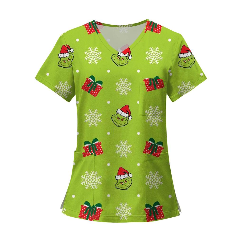 Women's Fashion Printed Short Sleeve V Neck Pattern Tops Pocket Working T-shirts