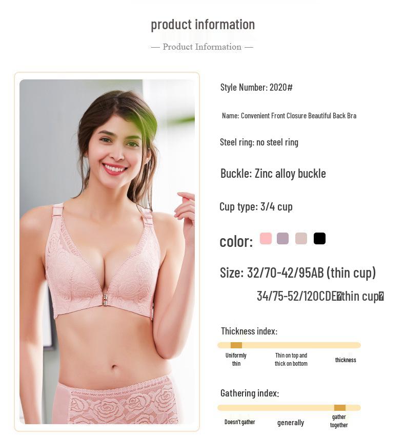 Übergröße Kabelloser Frontverschluss Rosen Dünne Cup BH für Frauen - Große Büste Schönes Rückendesign