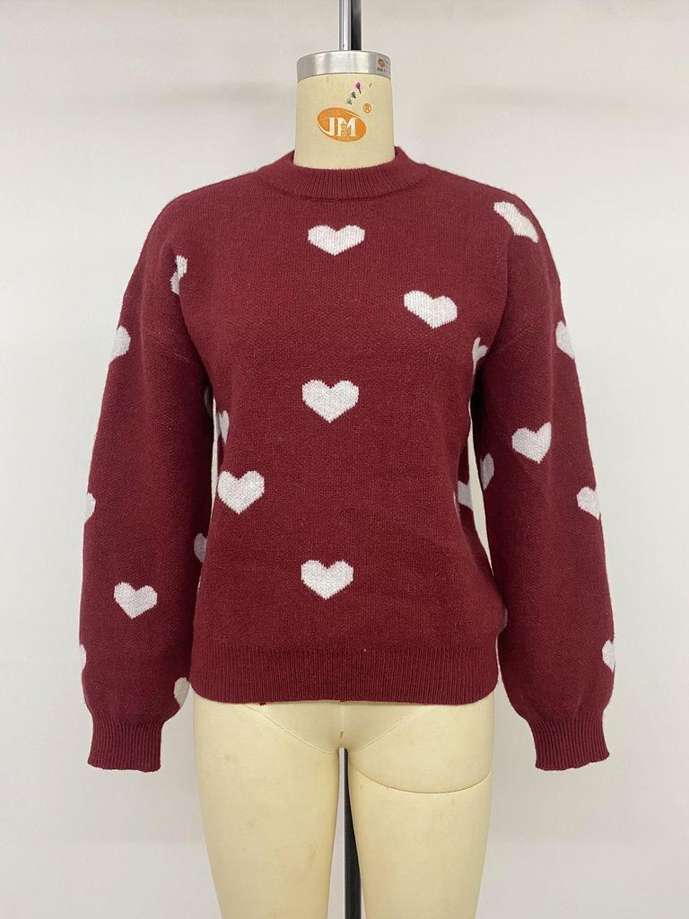 TEMU Europe 2026 Autumn/Winter Mature Style Knitwear: Heart Jacquard Round Neck Loose Sweater