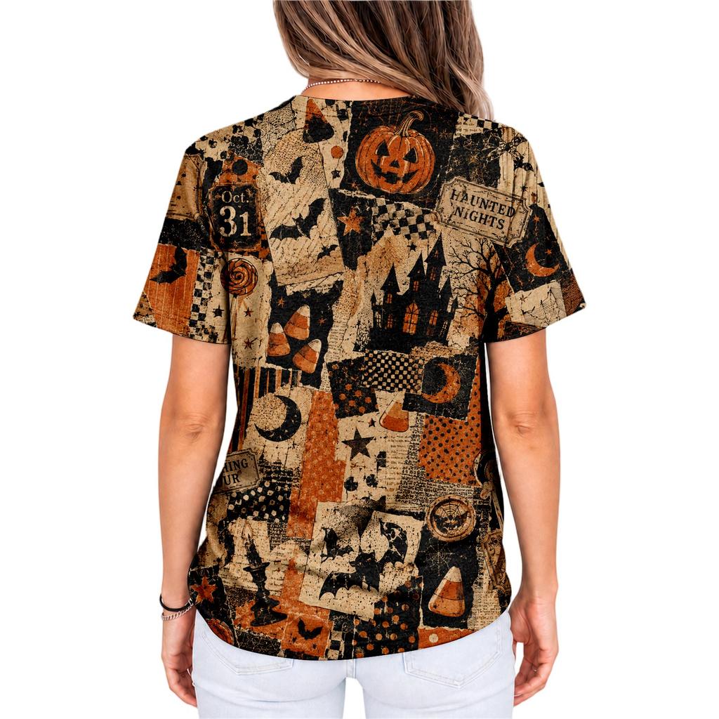 Men's and Women's Halloween T-Shirt with Cute Pumpkin Pattern for Holiday Parties