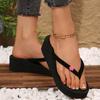 Fashion Women's Flower Decor Med Heel Flip Flops Simple Style Black Wedge Clip Toe Slides Woman Summer Outdoor Med Heel Slippers Mujer