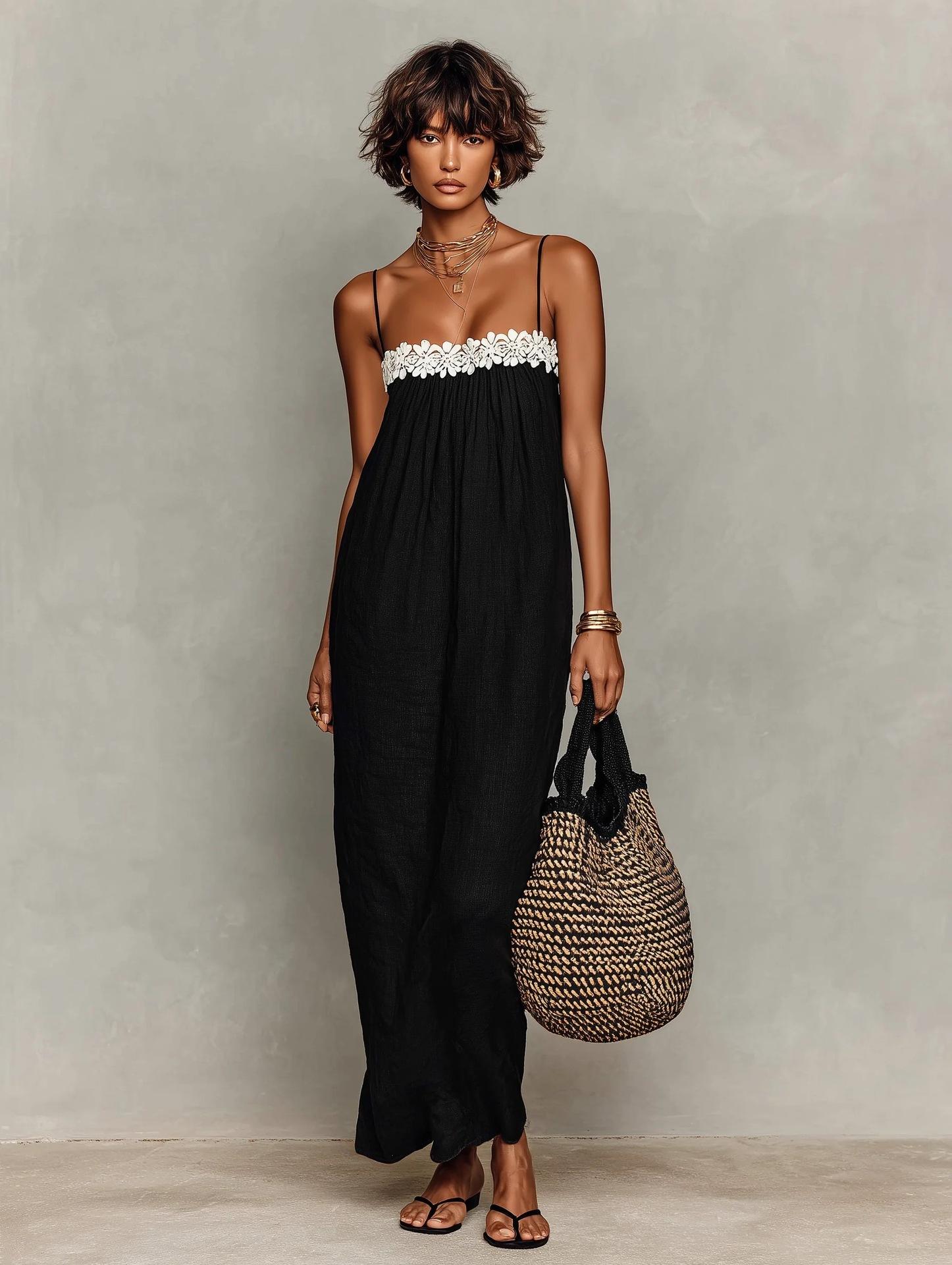 2026 European and American lace splicing suspender dress vacation beach dress S