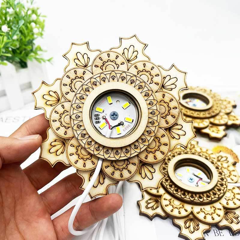 Three-Layer Lotus LED Night Light: Wooden Root Carving Base for Crystal Ball with Cool & Warm Colors