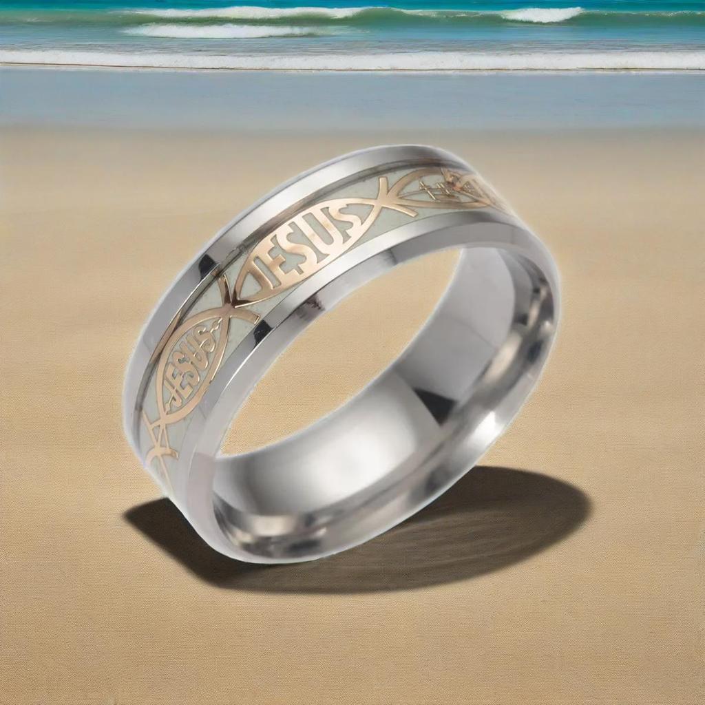 Golden Jesus Inlay Ring Luminous Glowing In the Dark with Green Background Fashion Accessory for Men And Women
