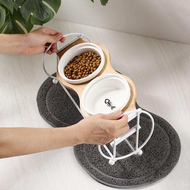 Cat Bowl Ceramic Double Bowl Cat Food Basin Tall Solid Wood Dog Bowl Rack Eating and Drinking Bowl Inclined Oblique Neck Protection Cat Food Basin