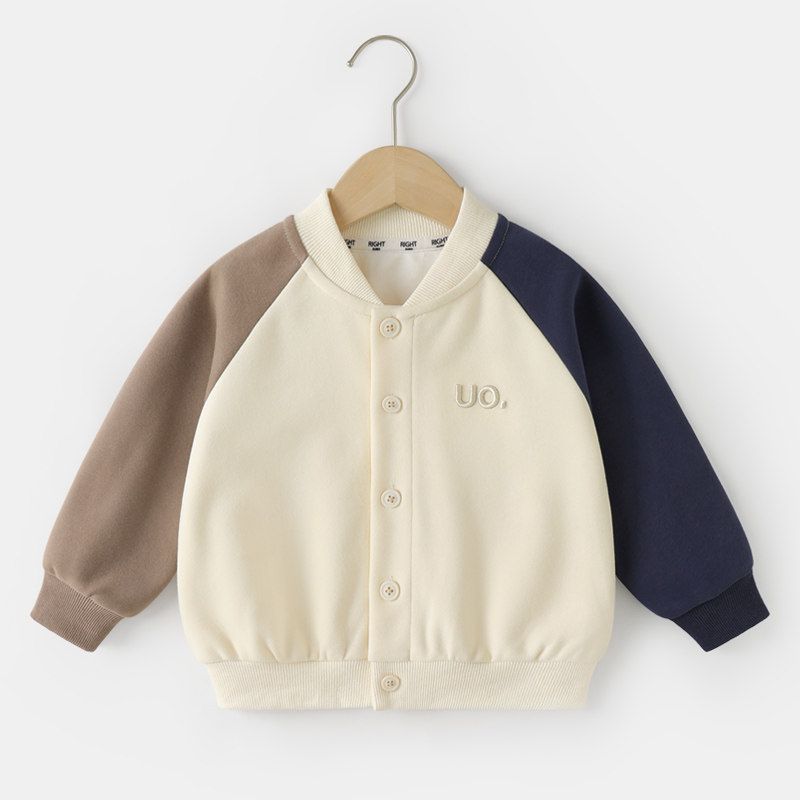 Мальчиковая весенне-осенняя бейсбольная куртка Вязаный кардиган Осень Одежда Весенне-осенний стиль Детская одежда Детская осенняя тонкая кофта Off-White Patchwork Sleeves 140cm