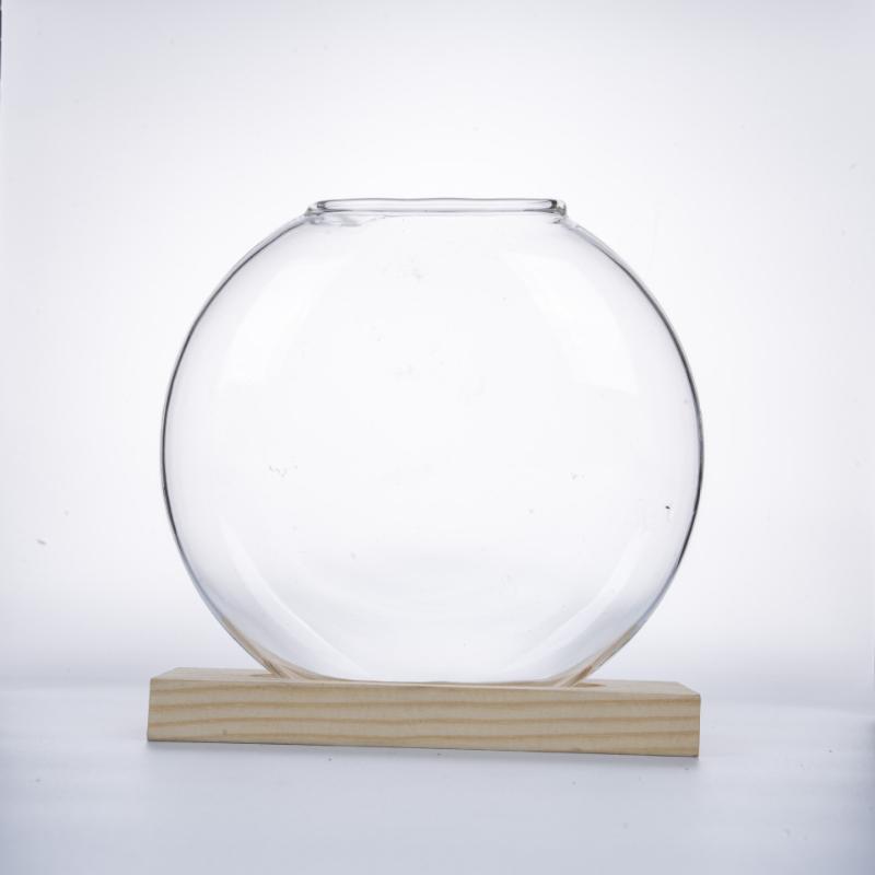 Creative Wooden Base Glass Vase, Green Ivy Plant Transparent Flowerpot, Home Decoration, Office Desktop Display Item