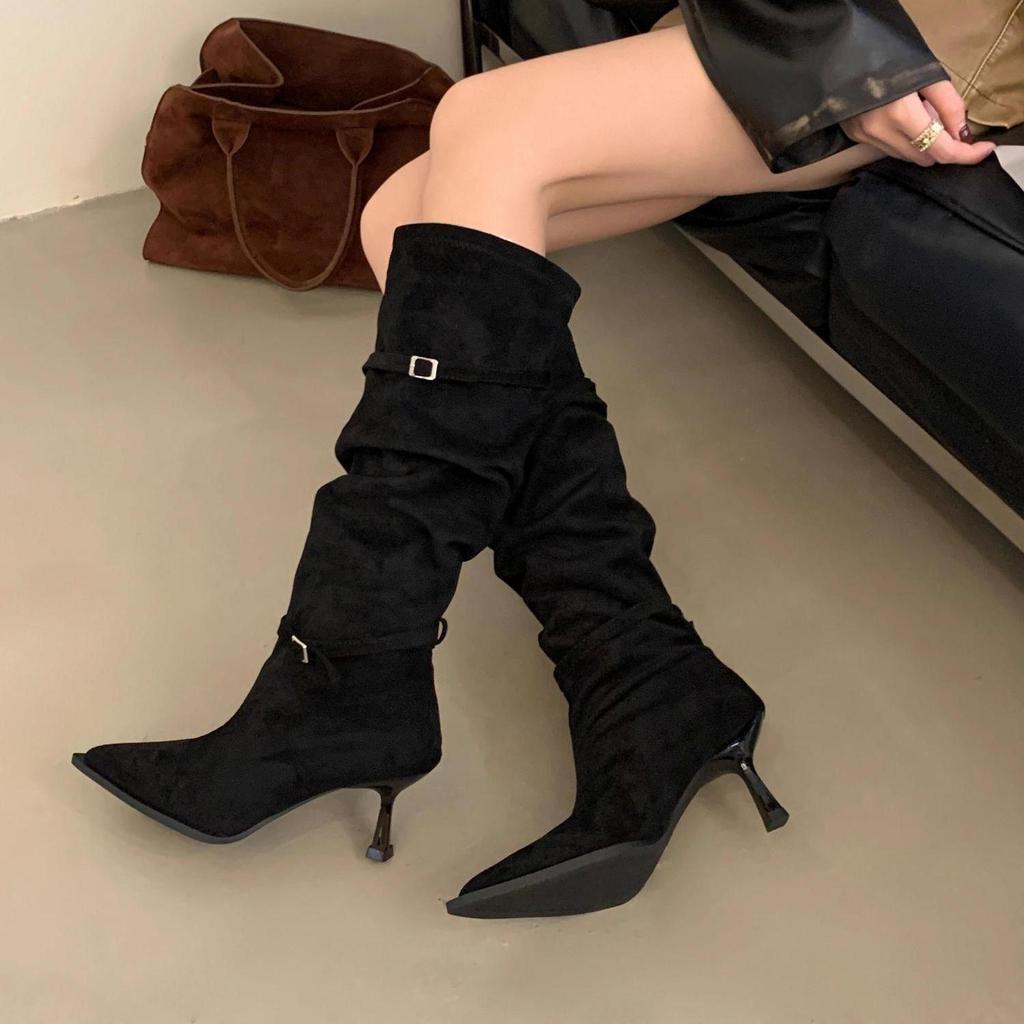 2025 Retro Ruched Stacked Pointed Toe Thigh-High Suede Western Boots with Double Strap