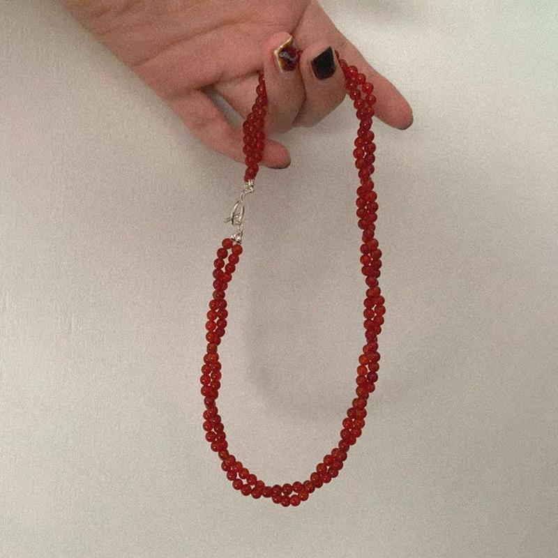 Handmade Red Agate Natural Stone Double Layer Twist Rope Necklace Women Silver Toggle Clasp Choker