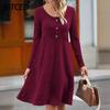 Fashion Autumn Winter Solid Color Print Long Sleeve U-Neck Casual Dresses