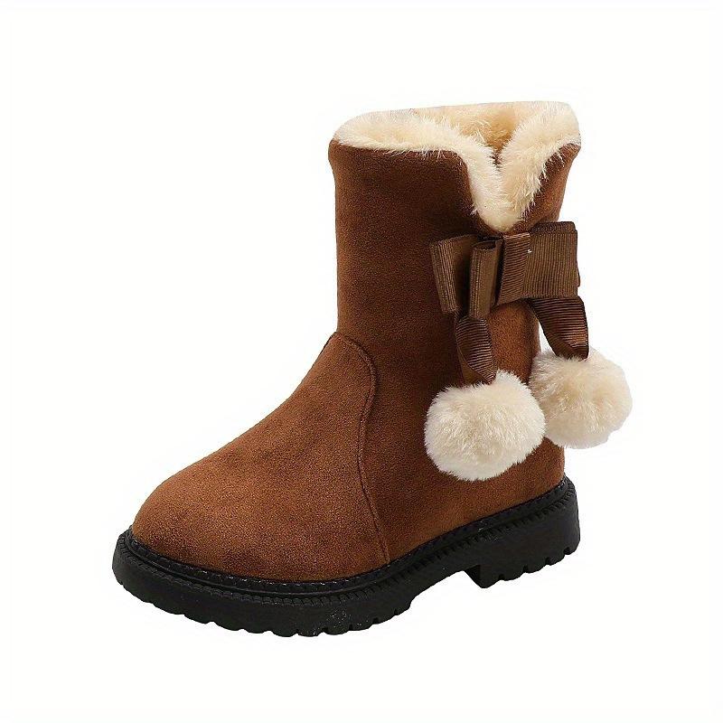 Cozy Cute Girls Winter Snow Boots Plush Pom Pom Warm Fleece Lined Mid Calf Zip Up Rubber Sole Brown Red Black Youngsters