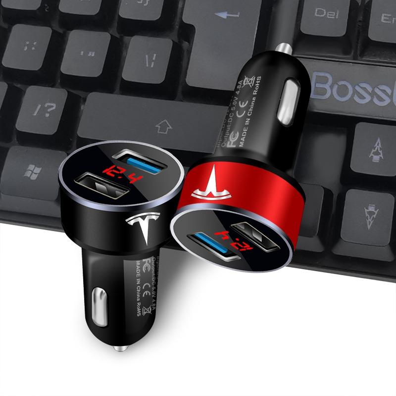Car Charger 2 USB Ports Fast Charging Digital Display Car Accessories For Tesla Model 3 Model S Model X Y Roadster Performance