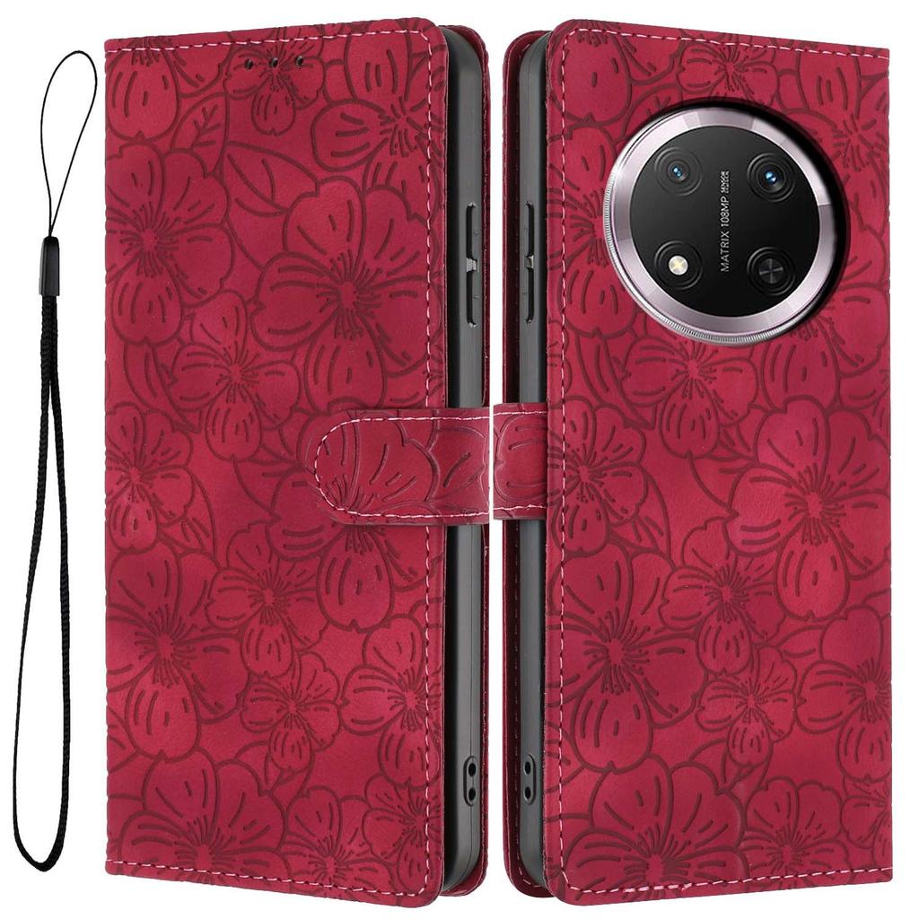 Flip Case For Honor X9c 5G/Magic7 Lite 5G Leather Phone Cover Cherry Blossom Pattern Wallet Stand with Wrist Strap