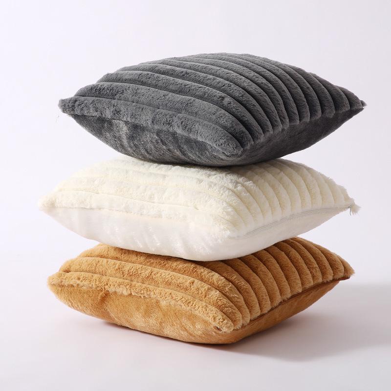 Soft Ribbed Faux Fur Decorative Throw Pillow Case Plush Striped Square Cushion Cover for Sofa Bedroom Living Room Home Decor (45x45cm, Set of 1)