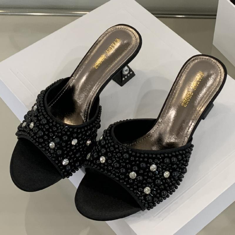

Fashion Luxury String Bead Crystal Embellish Women Slippers Elegant Open Toe Brand Slide Sandals Fashion Comfort Round Toe Designer Shoe 35 чёрный