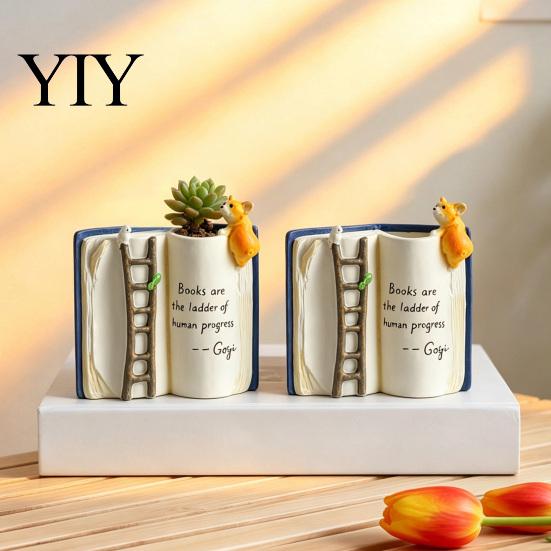Artistic Reading Lover Gift Book Shaped Flower Pot, Creative Planter with Ladder Puppy And Bird Design for Versatile Balcony Decoration Succulents