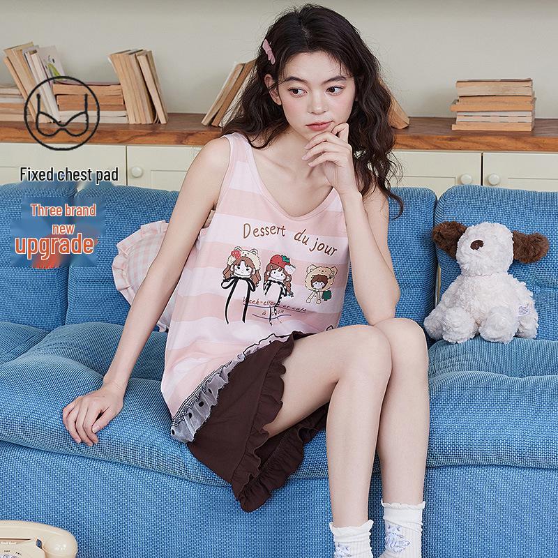 2026 Women's Summer Cotton Pajama Set with Built-in Bra, Cute Cartoon Tank Top & Shorts for Indoors and Outdoors