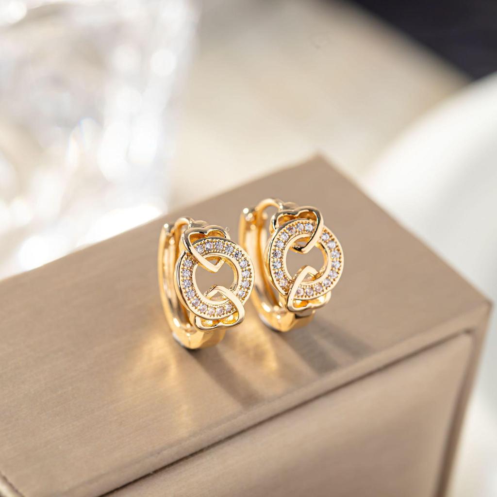 Exquisite Korean Style Double Heart Hoop Earrings with Micro-set Diamonds