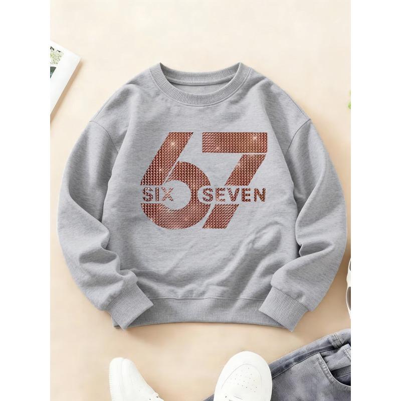Kids Unisex Crewneck Sweatshirt, Rose Gold Glitter Mesh Texture Number 67 With Text "SIX SEVEN" Print Black Soft Fleece Pullover For 7th Birthday