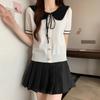 Korean Version Contrasting Doll Neck Knitted Base Shirt Women's Spring and Autumn Chic Bow Tie Short Top