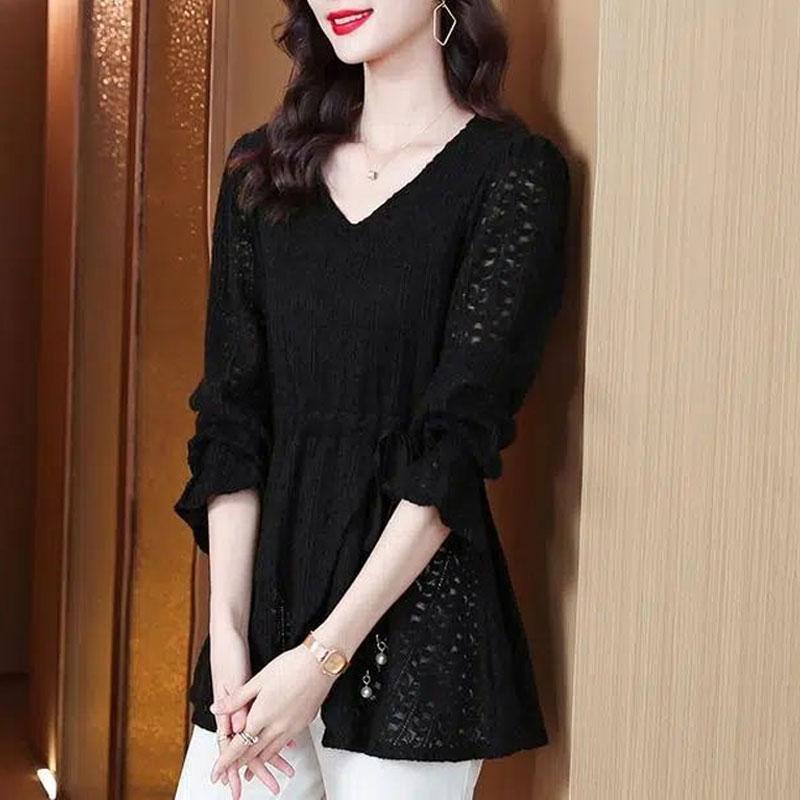 

Commute Solid Color Lace Shirt Spring Autumn Long Sleeve Stylish Asymmetrical Women s Clothing V-Neck Slim Drawstring Blouse New L чорний