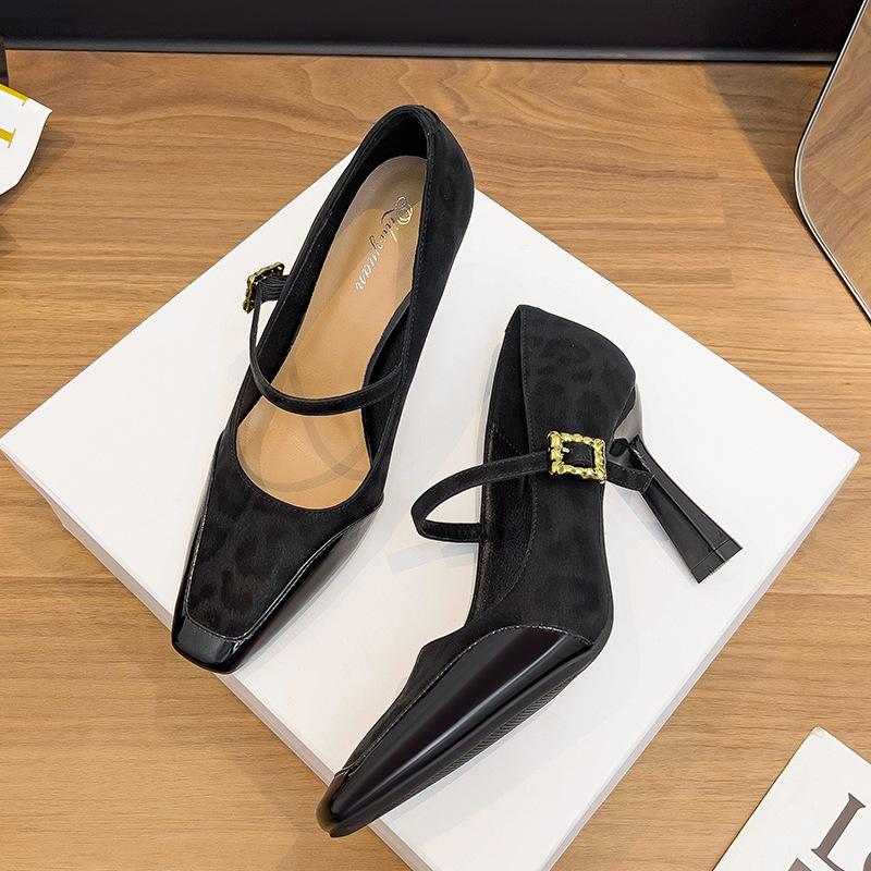 

High heels stiletto 9cm sexy leopard print splicing word with Mary Jane shoes 2025 new square head high heels single shoes 40 чорний