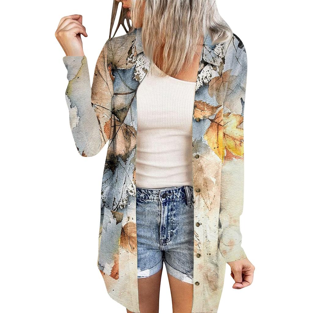 Women's Casual Fashion Floral Print Long Sleeve Mid-Length Cardigan Jacket