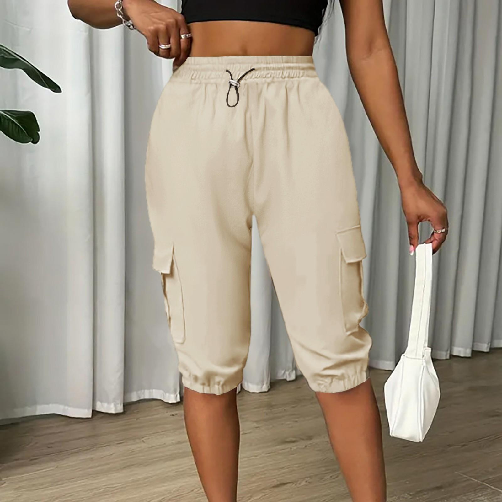 

Ladies Summer Casual And Fashionable Cropped Pants With Multiple Pockets And Solid Color Shorts L хаки