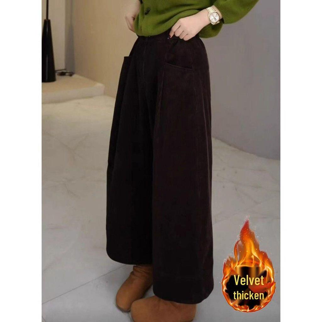 Women's High-Waisted Wide-Leg Corduroy Pants - Autumn/Winter Loose, Slimming, Pleated, and Ribbed Design