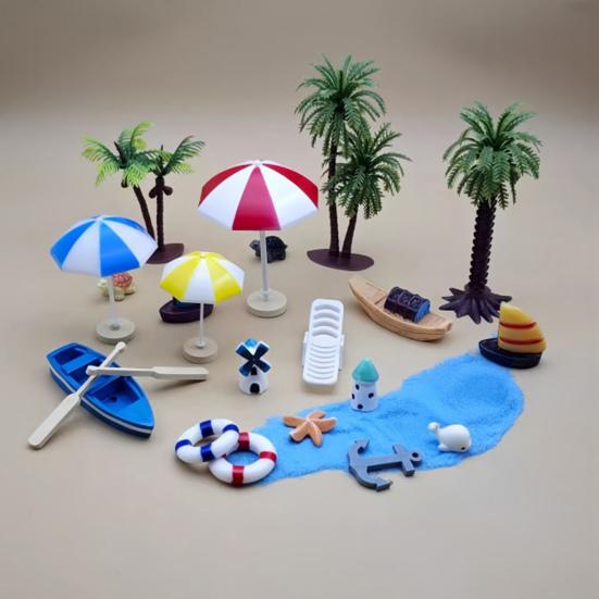 Mikro-Landschaftsdekorationen, Strand-Miniaturdekoration, Boot/Stuhl/Sonnenschirm/Palme/Schwimmring für Sukkulenten-Töpfe Glasabdeckungen DIY Meeresküsten-Szene