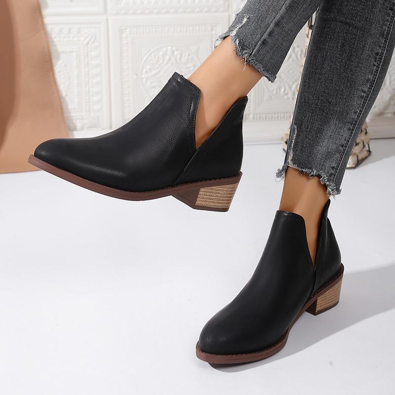 Large Size Short Martin Boots Women's Autumn and Winter New Mid-Heel Pointed Solid Color Women's Boots