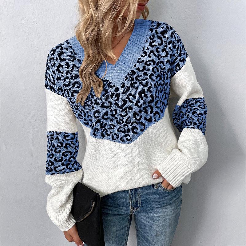 Autumn Winter Vintage Loose Long Sleeve Top Leopard Cardigan Knitwear V-Neck Sweater