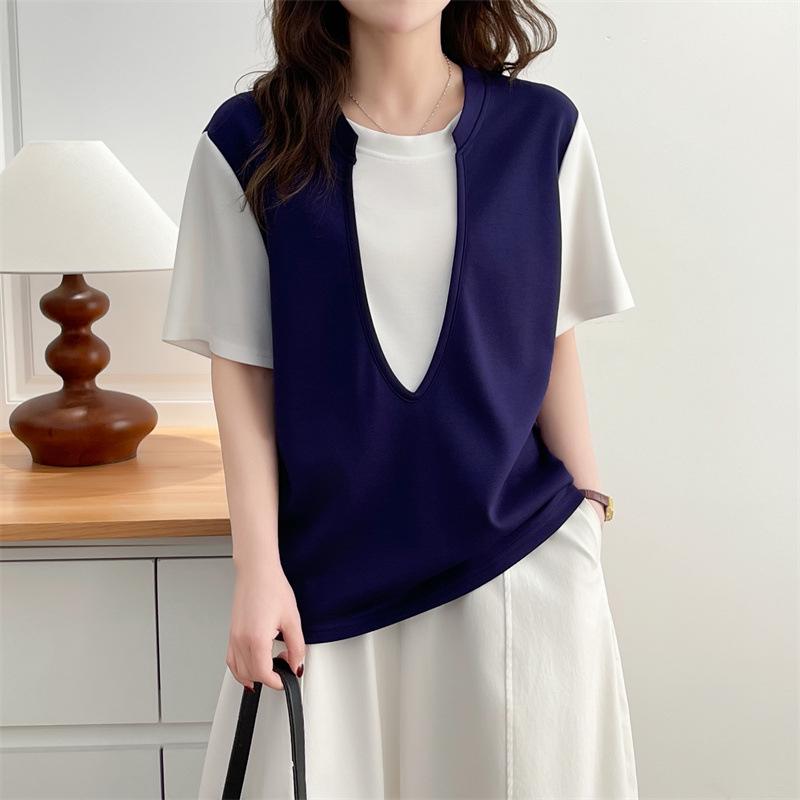 2026 Women's Plus Size Color Block College Style Short Sleeve Pullover T-shirt