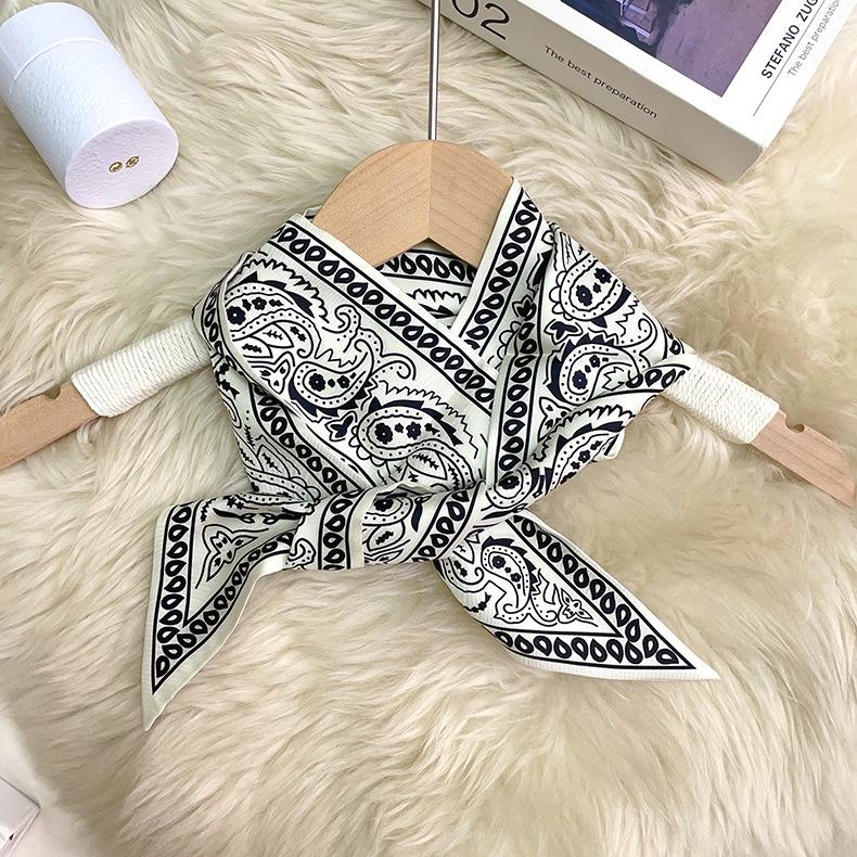 

Black And White Cashew Flower Silk Scarf Silk Twill Double-Layer Long Strip Small Scarf Headband Extended Tie Bag Mulberry Silk Streamer Female