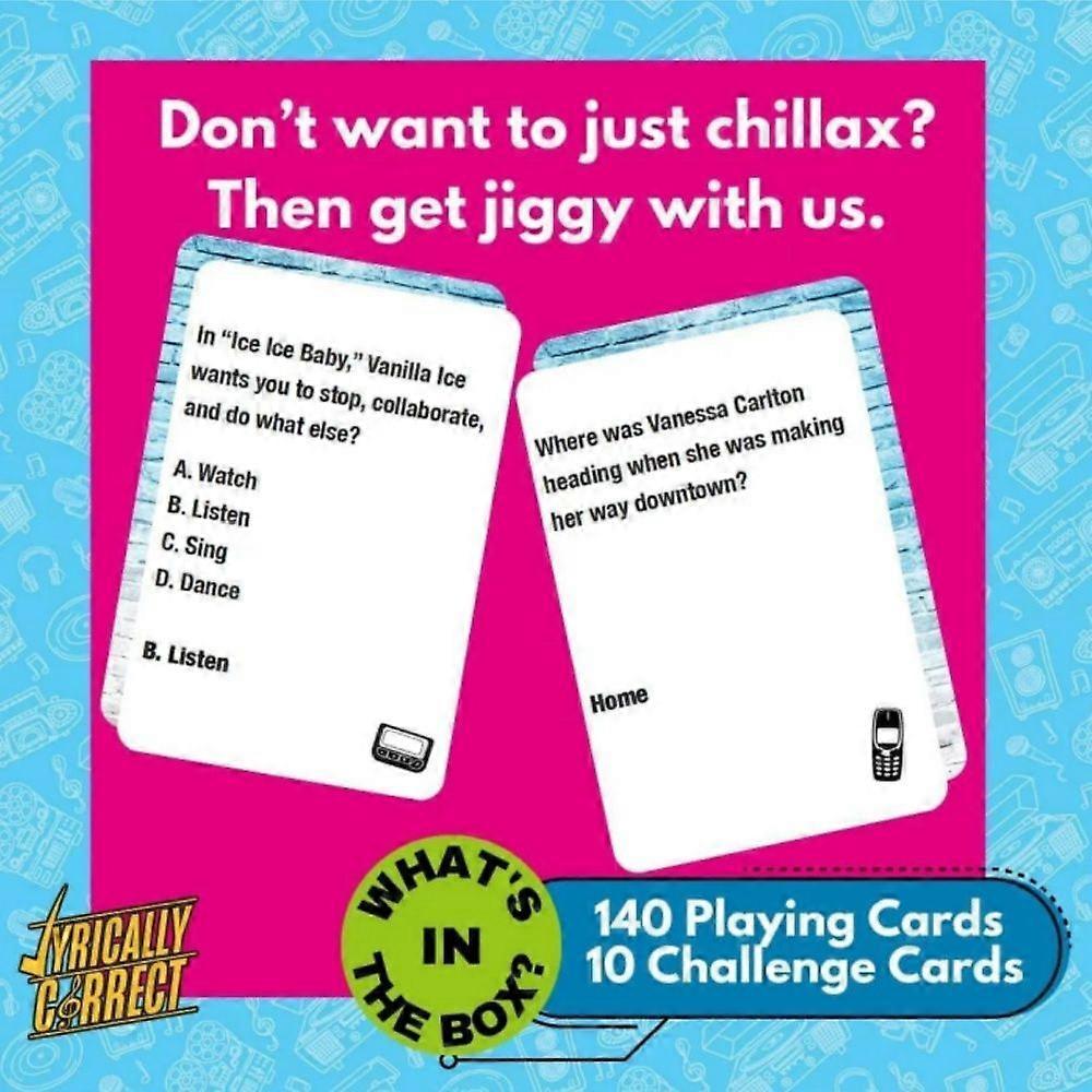 Juego de preguntas y respuestas sobre la música pop de los 90 y 2000 con letras correctas: juego de cartas para completar las letras, ideal para fiestas de adultos o reuniones familiares.